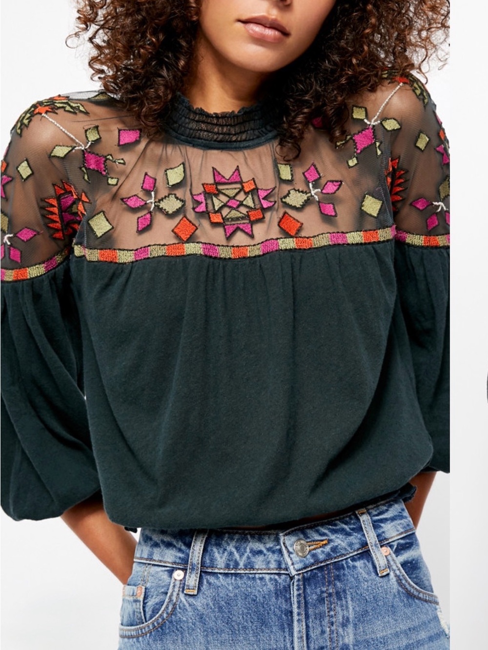 Free People Mixed Media Top w/Embroidery, Size M